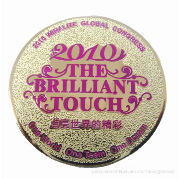 Souvenir Round Promotional Metal Pin Badges With Filling Colors And Gold Plated Finish